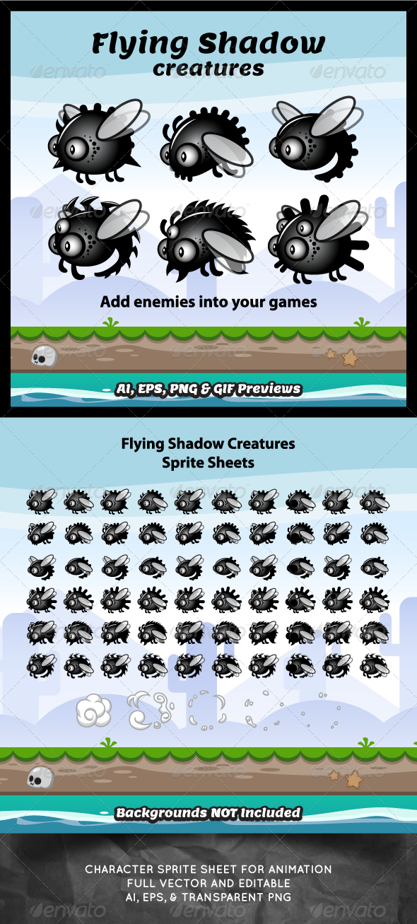 Shadow limbo monster game character sprite sheet sidescroller game asset flying flappy animation gui mobile games gameart game art 590