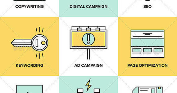 Box digital marketing advertising campaign development icons set flat line design agency product copywriting web seo optimization vector illustration collection preview