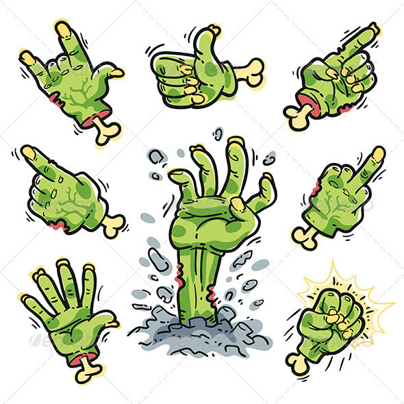 Cartoon zombie hands set for horror design