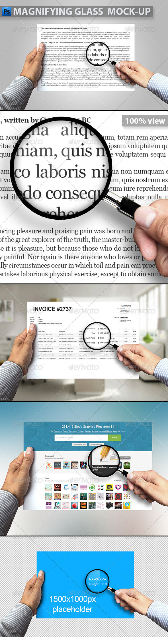 Magnifying glass and paper in hand mocku up psd