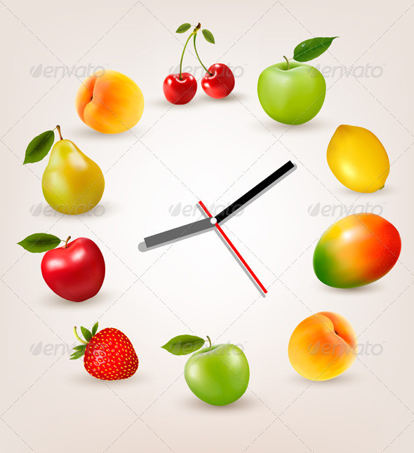 01 background with fresh fruits and clock t