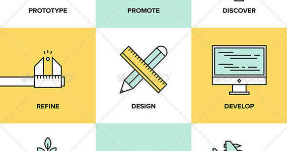 Box studio design product development flat line icons set application prototype marketing promotion creative vector illustration collection preview