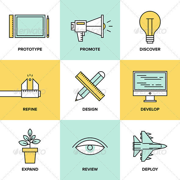Studio design product development flat line icons set application prototype marketing promotion creative vector illustration collection preview