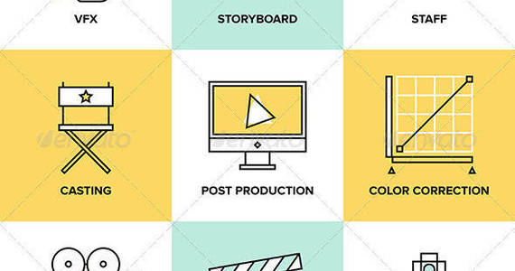Box post production flat line icons set vfx showreel studio making movie shooting storyboard vector illustration concept preview