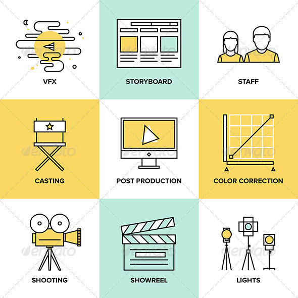 Post production flat line icons set vfx showreel studio making movie shooting storyboard vector illustration concept preview