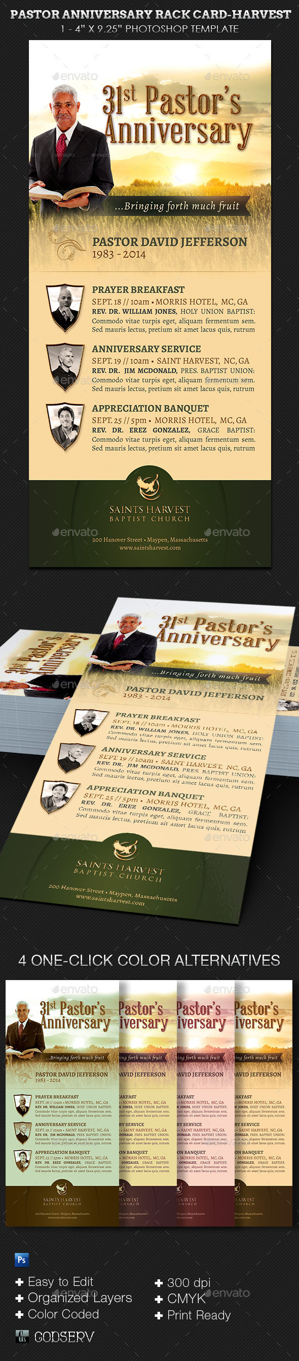 Pastor anniversary harvest rack card template preview