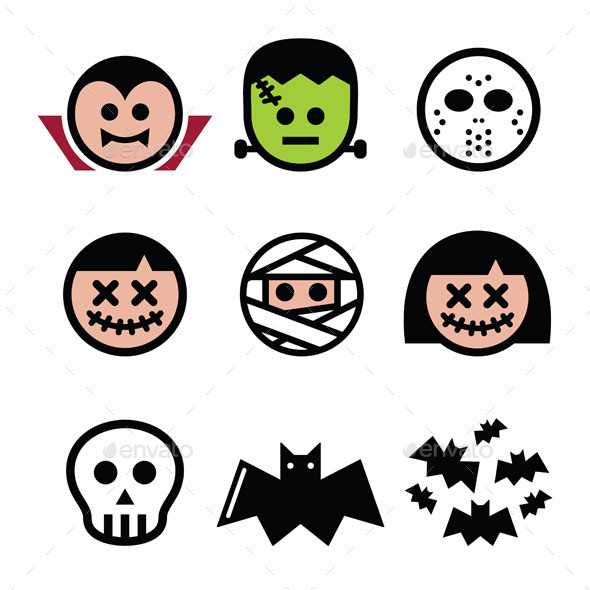 Halloween characters icons set color prev