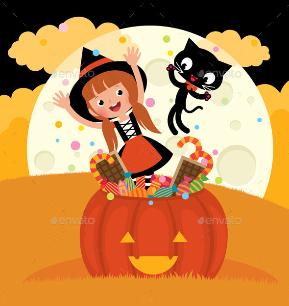 Witch and her cat celebrate halloween