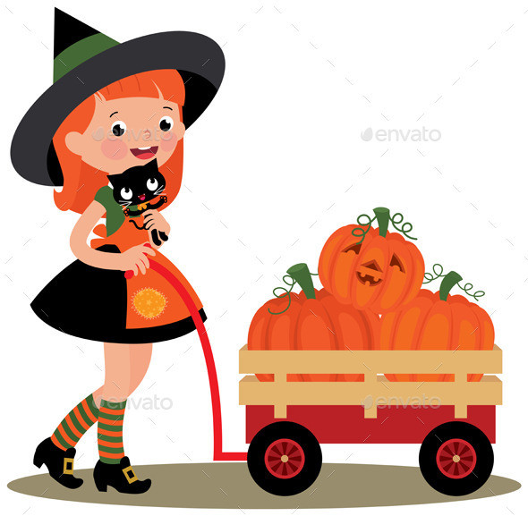 Witch halloween carries a wheelbarrow full of pumpkins