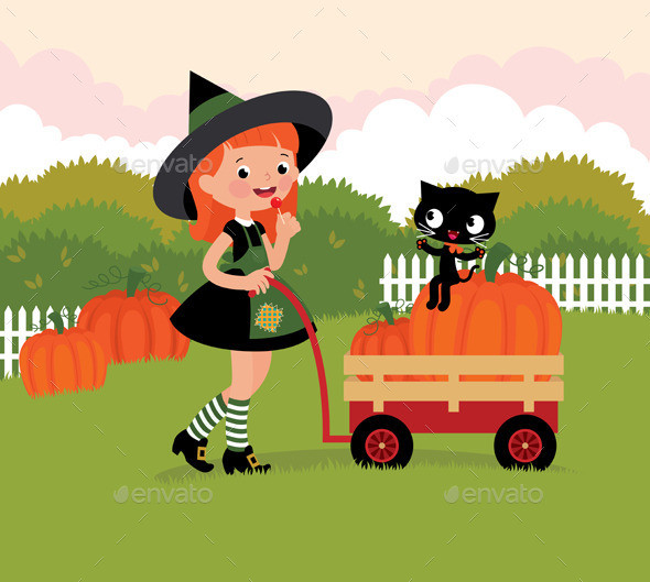 Witch with a wheelbarrow with pumpkins