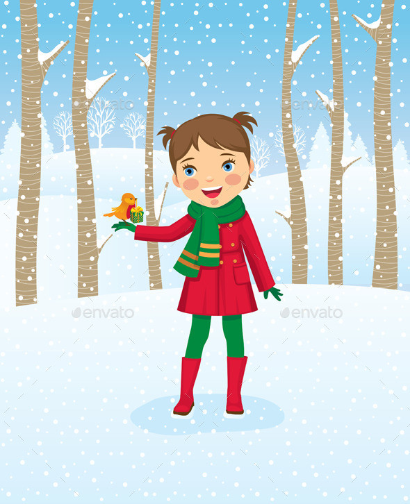 Girl walking in winter forest