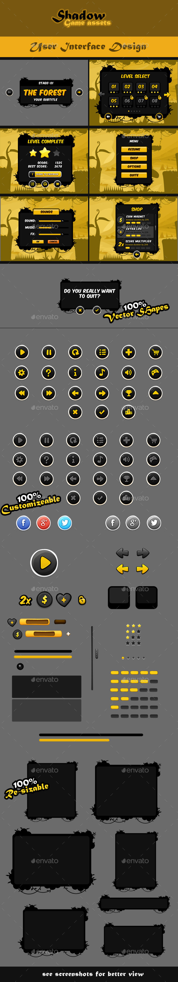 Shadow game asset gui icon and button designs preview
