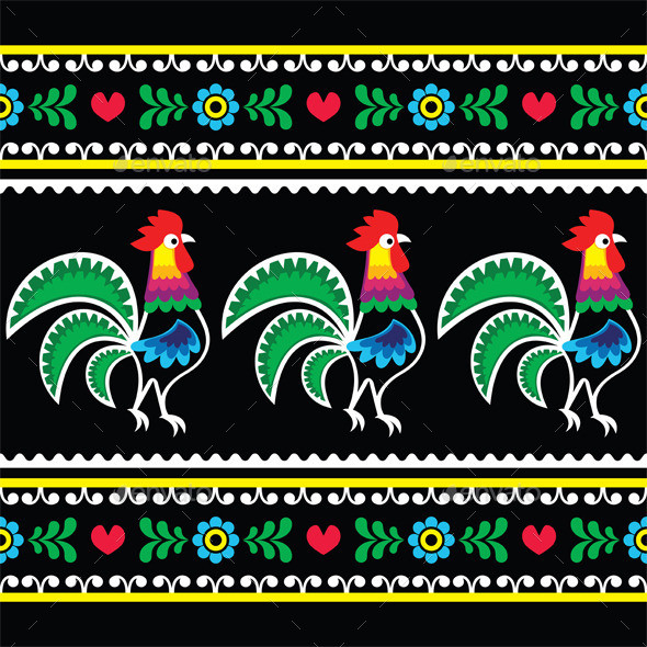 Seamless polish folk traditional pattern 1 chickens on black prev