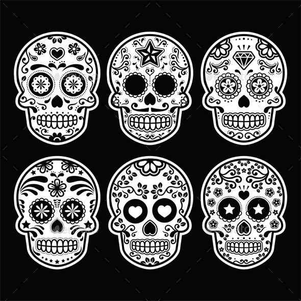 Mexican sugar skull icons set on black bg prev