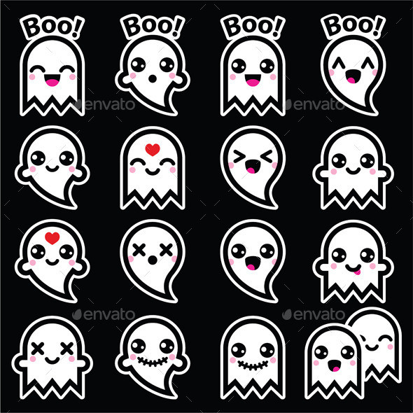 Halloween ghost kawaii icons set on black prev