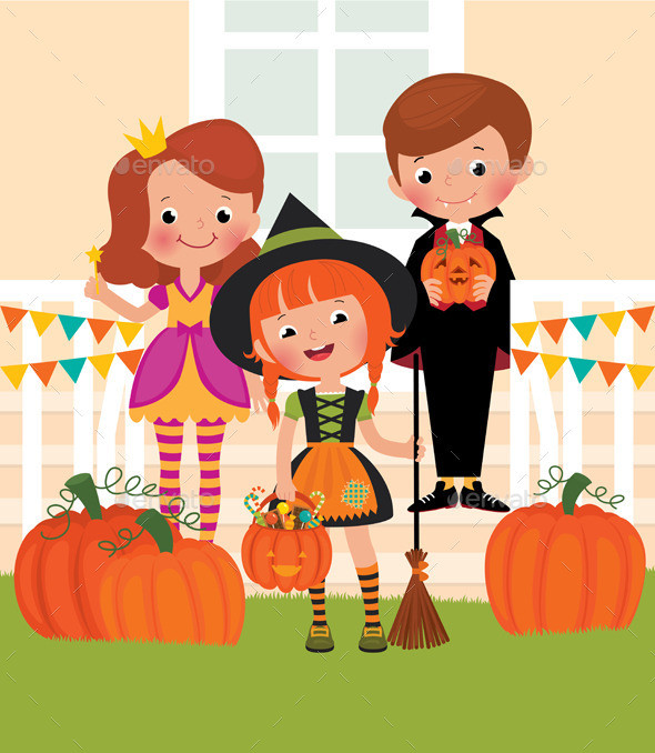 Children in celebration of halloween on the doorstep