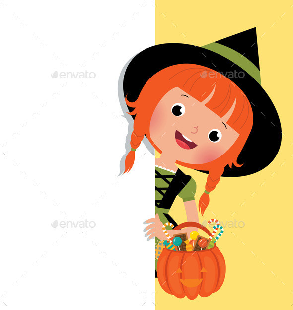 Halloween witch holding a white banner