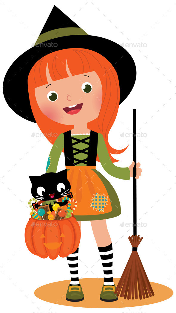 Little witch and her cat on halloween