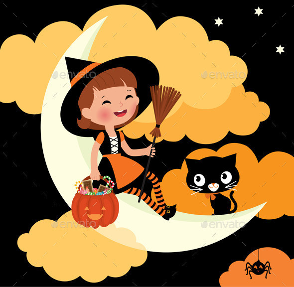 Little witch riding on the moon on halloween night