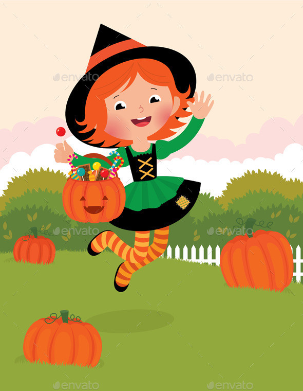 Girl in witch costume celebrates halloween