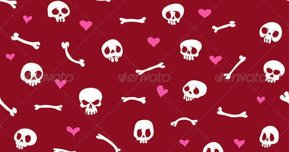 Box cartoon skulls and hearts seamless pattern red