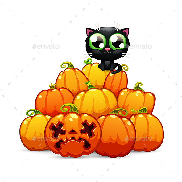 A heap of halloween pumpkins with a cat