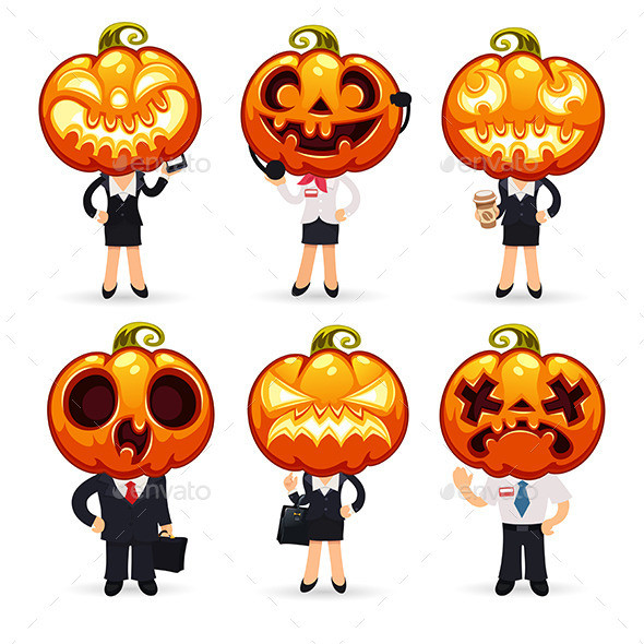 Businessmen with pumpkins on a heads