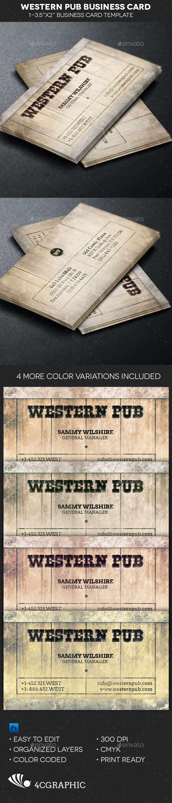 Western pub business card template preview