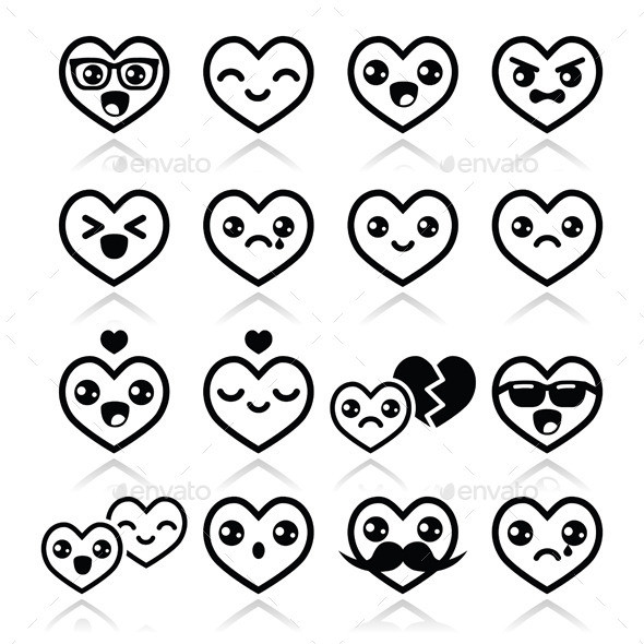 Kawaii hearts icons set black prev