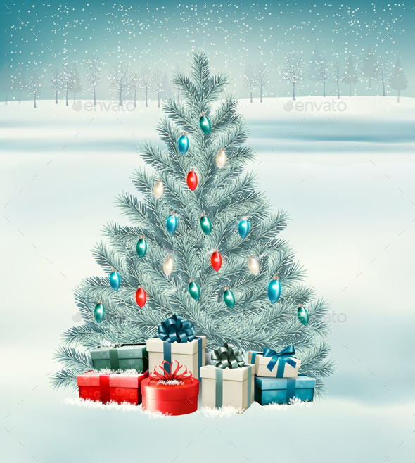 01 old holiday christmas background with tree and landscare t