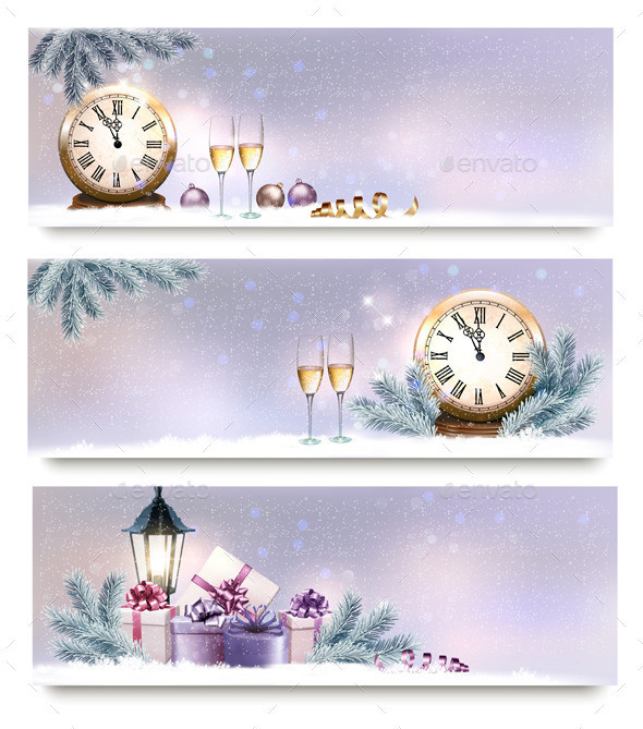 01 holiday banners with winter tree and clock t
