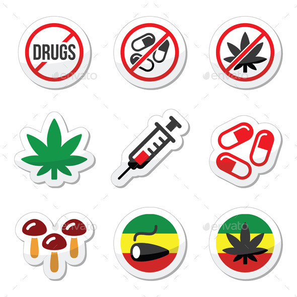 Drugs addiction labels set color prev