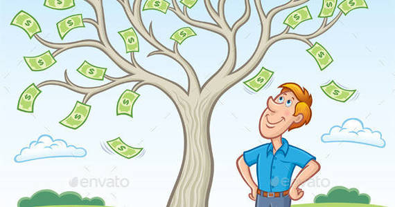 Box man standing by money treeprev