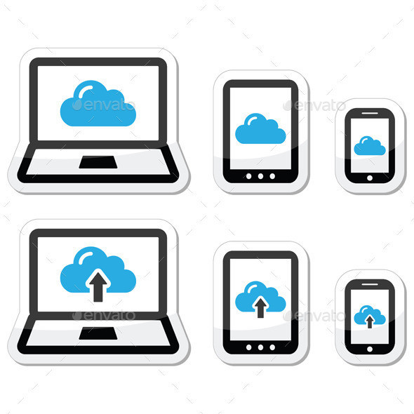 Cloud laptop tablet smartphone labels set prev