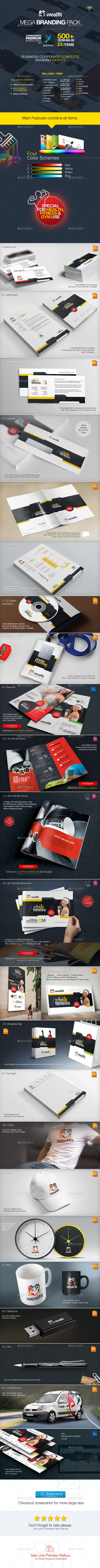 Graphicriver fitness gym weight lose physical fit business branding presentation web banner flyer brochure identity stationery print pack ip