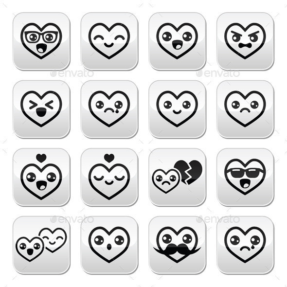 Kawaii hearts buttons set black prev