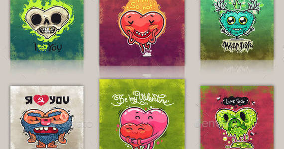 Box cartoon valentine hearts set