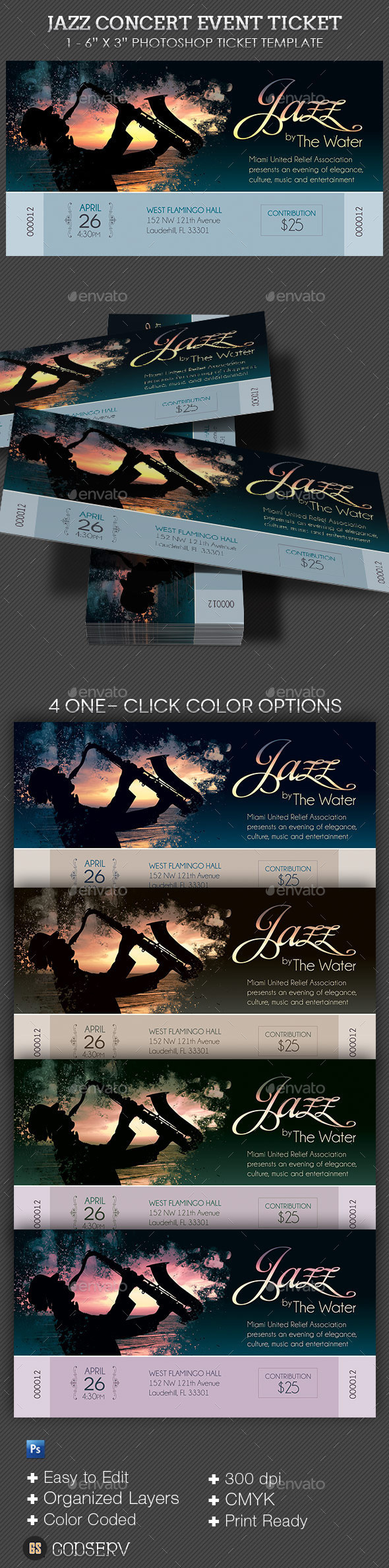 Jazz concert event ticket template preview