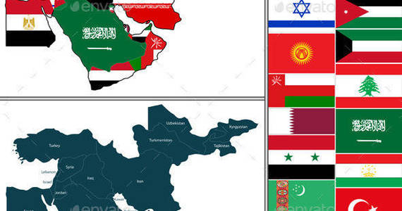 Box 01 political 20map 20of 20middle 20east 20with 20flags