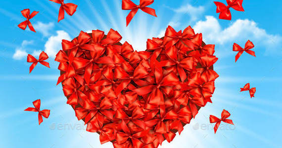 Box 01 heart made of red bows on blue background t