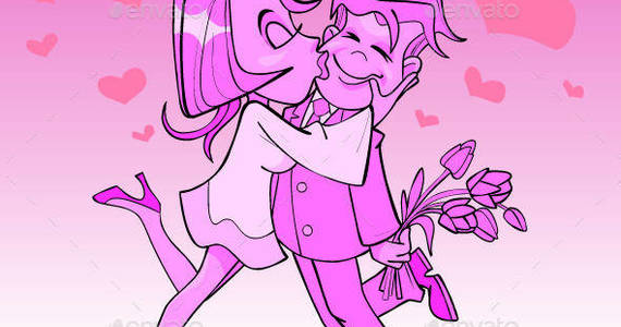 Box cartoon 20girl 20kissing 20man 20with 20flowers 20on 20a 20pink 20background 20with 20hearts