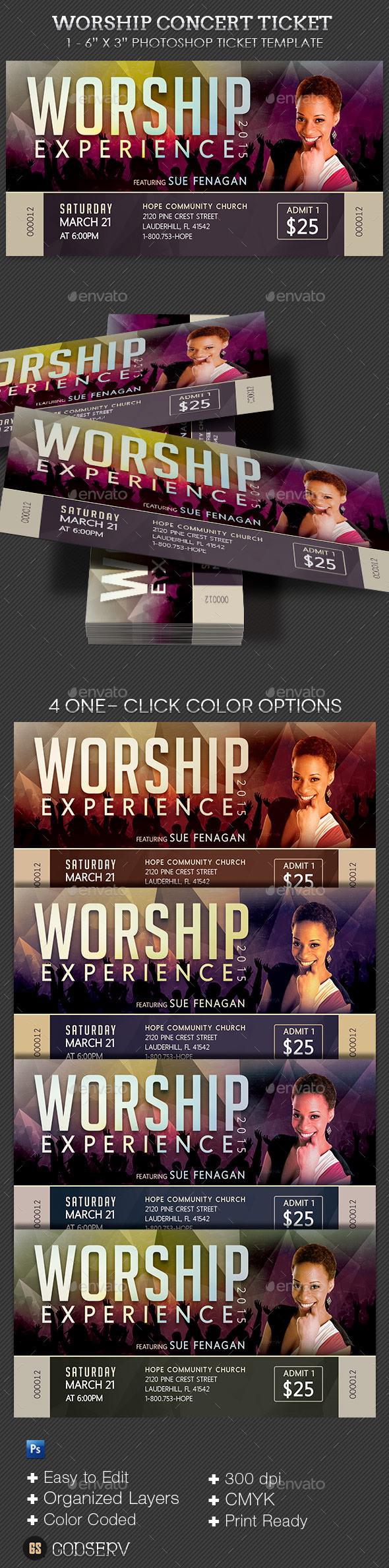Worship concert ticket template preview
