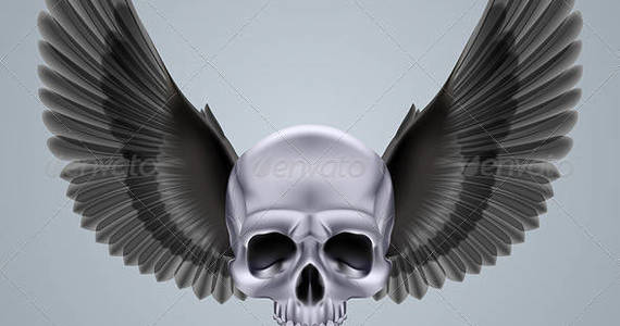 Box metal chrome skull with black wings crow 06 590