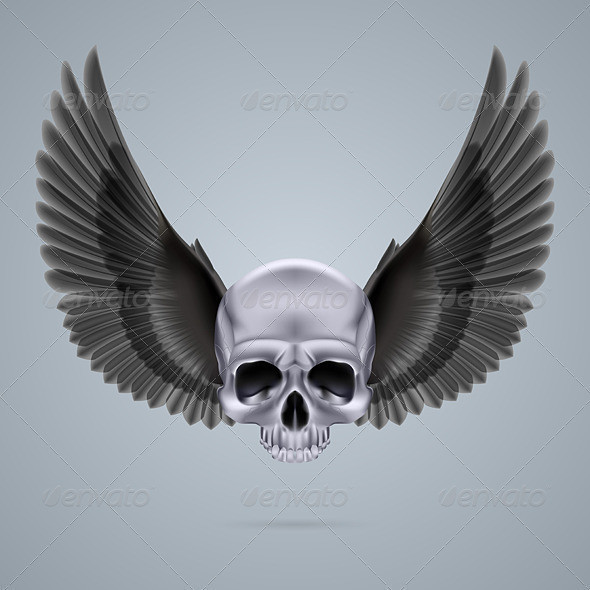 Metal chrome skull with black wings crow 06 590