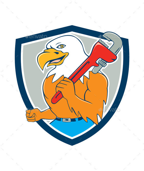 Bald eagle plumber hold monkey wrench shield prvw