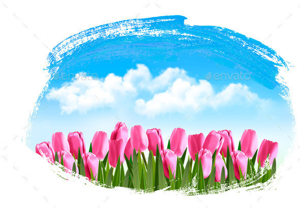 01 nature background with spring flowers and sky with clouds t