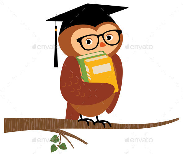 Academic owl holding a book sitting on a branch