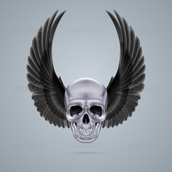 Metal chrome skull with black wings crow 02 590