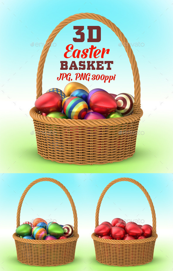 Wicker basket with easter eggs 3d preview