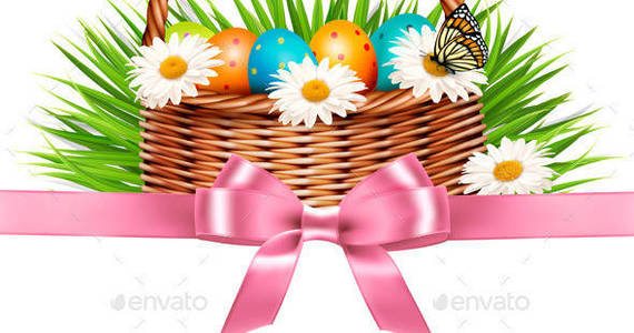 Box 01 holiday easter background with easter eggs in basket and pink bow t